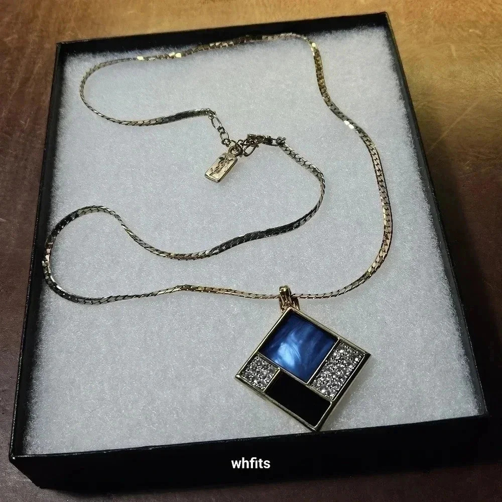 Yves Saint Laurent Blue Square and Rhinestone Gold Tone pendant